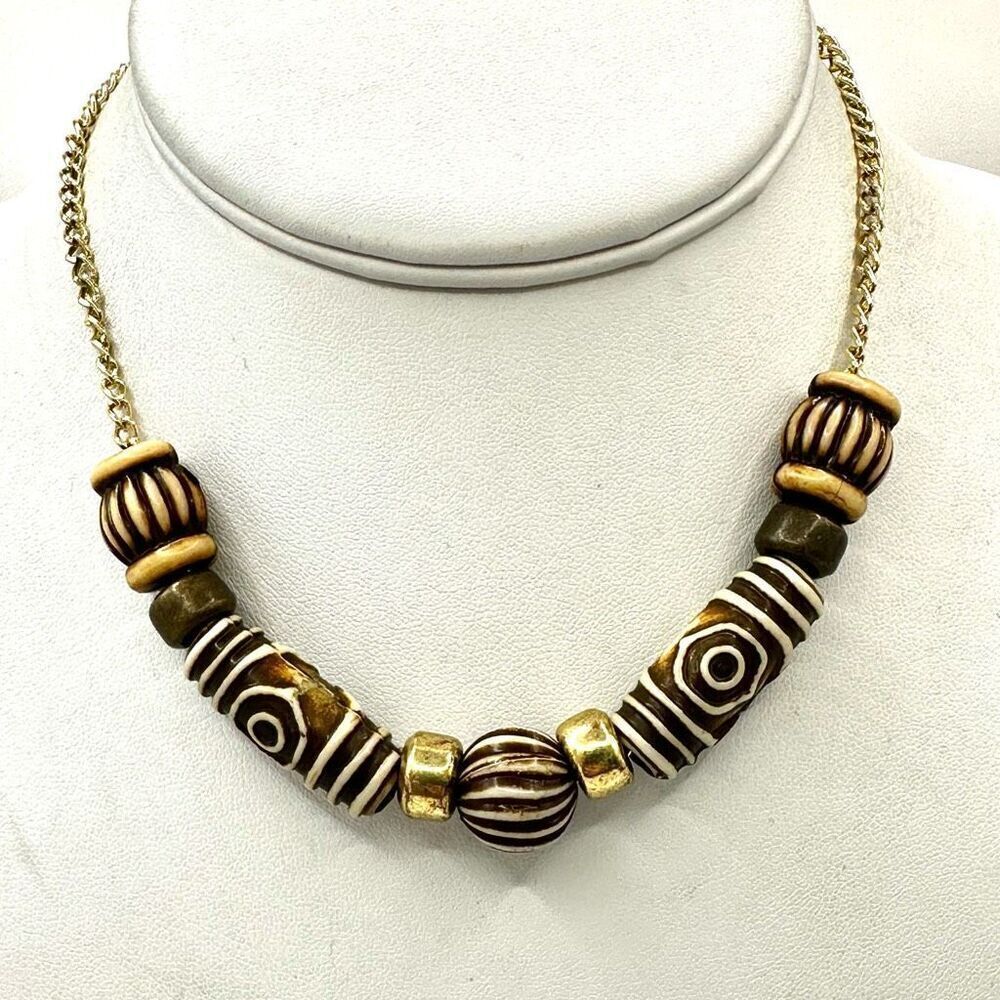 Ethnic beaded gold tone choker necklace